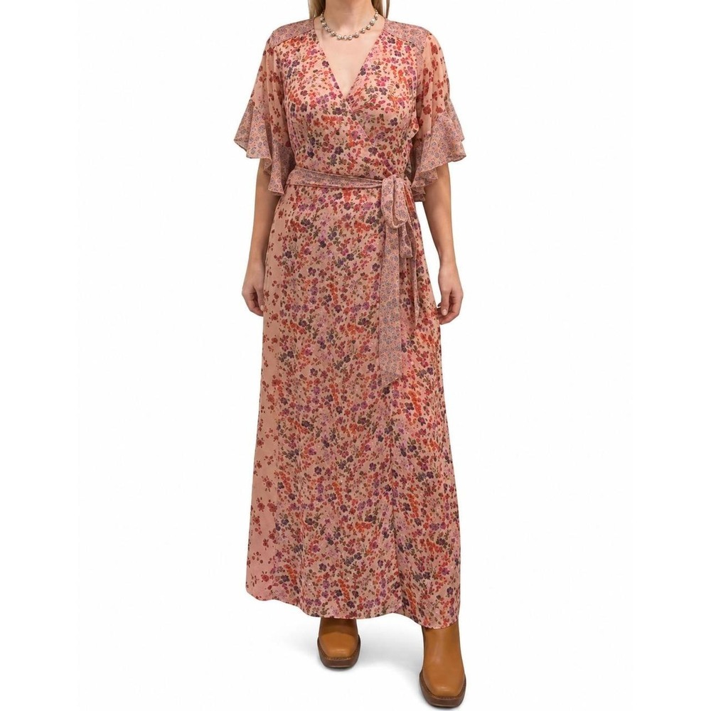 Lovestitch Priscilla Floral Belted Wrap Maxi Dress Ruffle Sleeves M